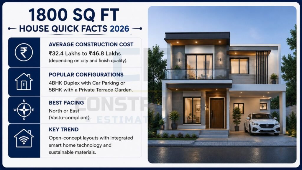 1800 sq ft house construction cost infographic featuring average building cost, modern house elevation, popular 4BHK and 5BHK configurations, Vastu-facing recommendations, and smart home trends.