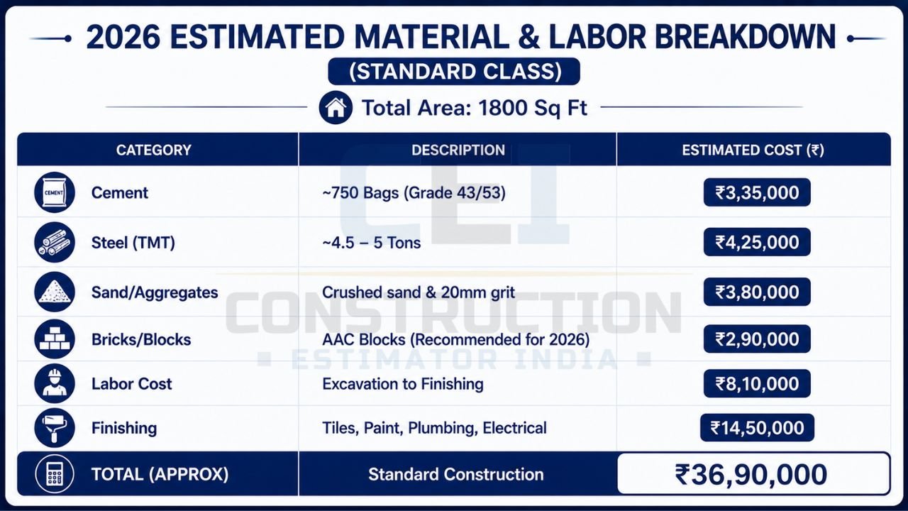 1800 Sq Ft House Material & Labor Cost Breakdown 2026