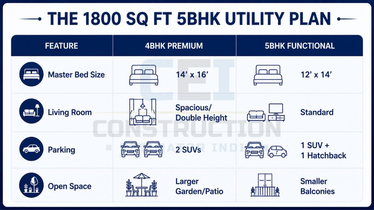 Comparison of 4BHK premium and 5BHK functional house plans for an 1800 sq ft home including bedroom size, living room, parking, and open space.
