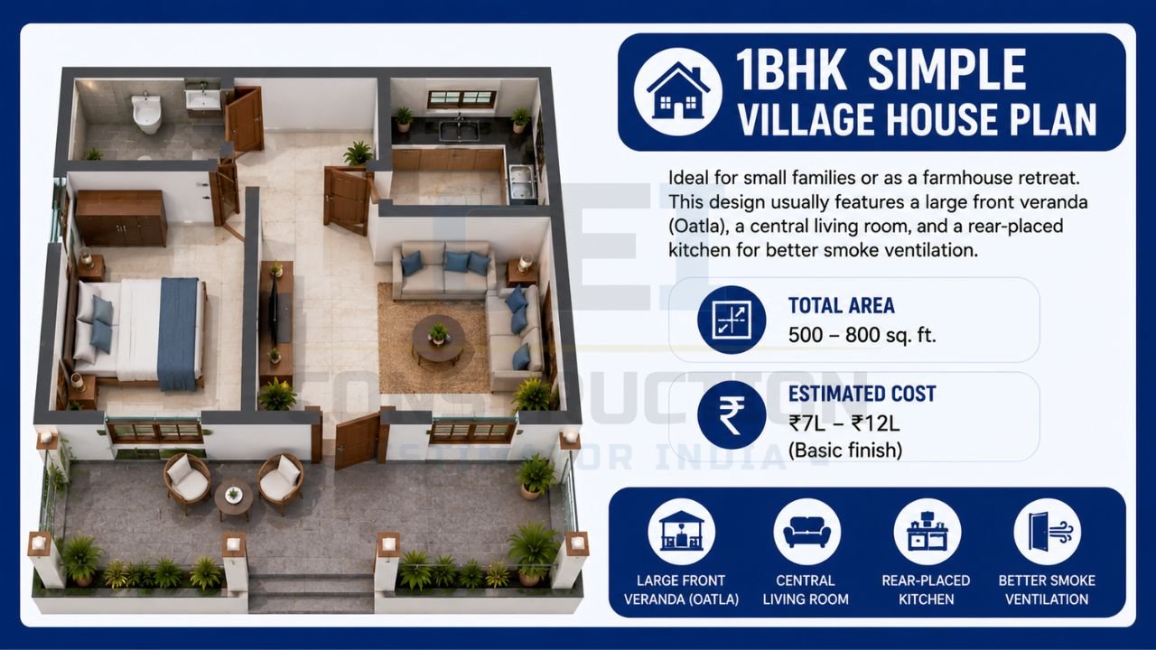 3D 1BHK village house plan featuring a large front veranda, central living room, rear kitchen, bedroom, and estimated construction cost.