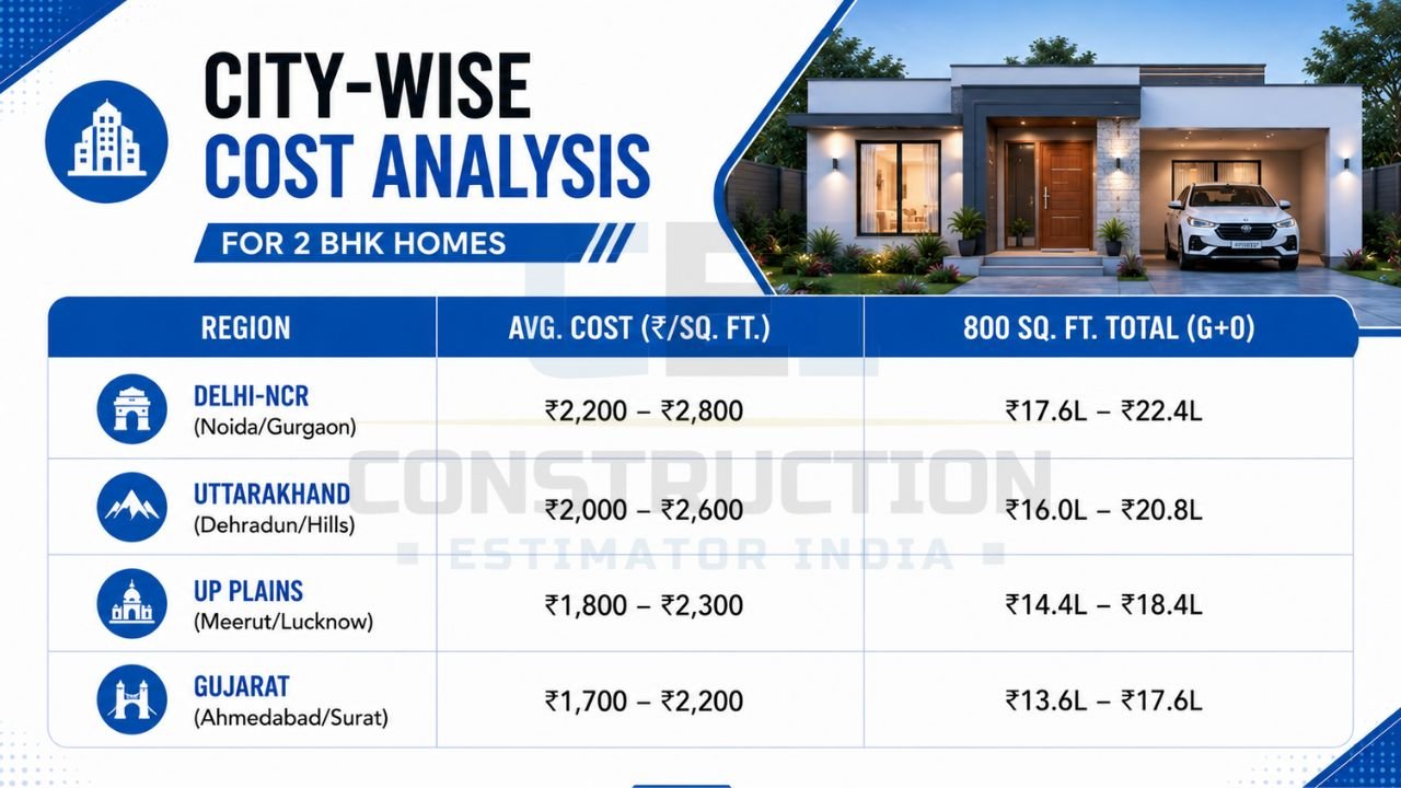 City-wise comparison of 2 BHK house construction costs for an 800 sq ft home across Delhi-NCR, Uttarakhand, UP Plains, and Gujarat with average cost per sq ft and total estimated construction cost.