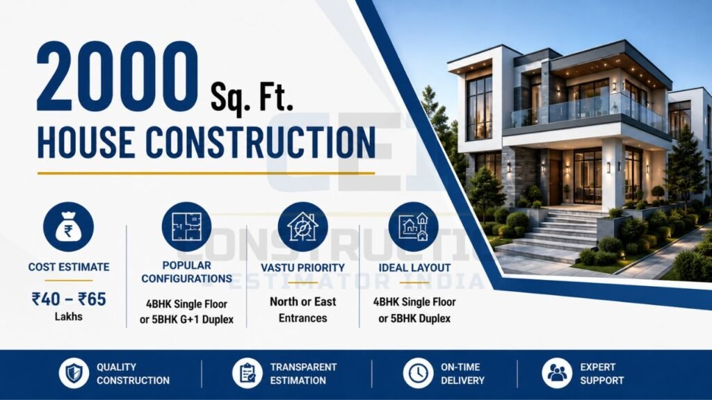 Infographic summarizing construction cost, popular configurations, Vastu recommendations, ideal layout, and key features for a 2000 sq ft house.
