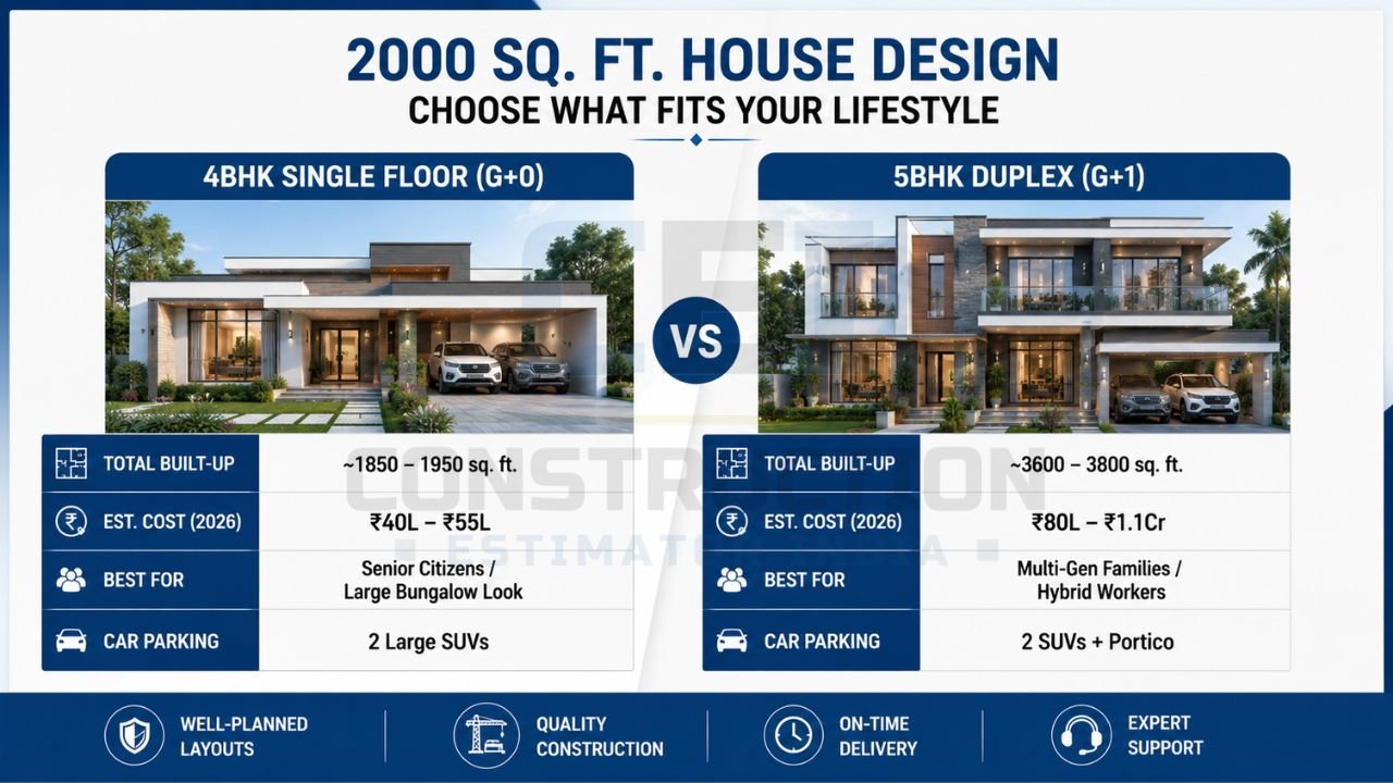 Infographic comparing 4BHK single-floor and 5BHK duplex house designs for a 2000 sq ft plot, including built-up area, construction cost, parking, and ideal family type.