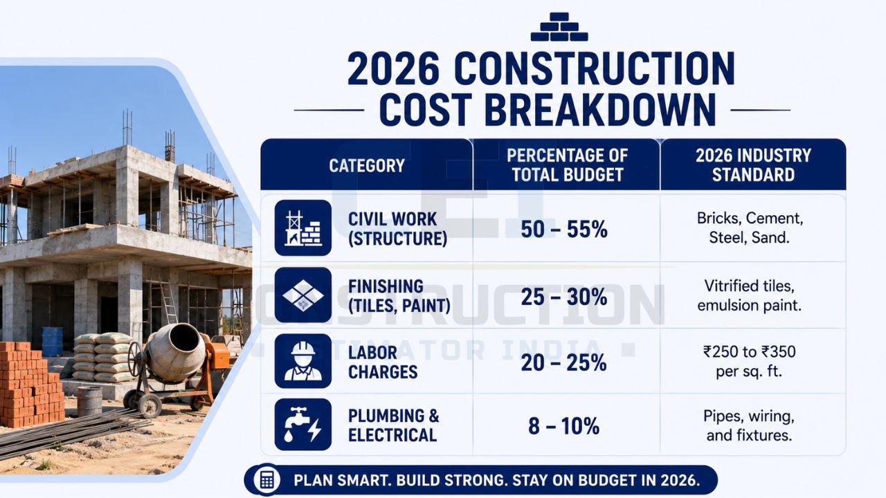 Infographic showing the 2026 house construction cost breakdown including civil work, finishing, labor, plumbing, electrical, and percentage of total budget.