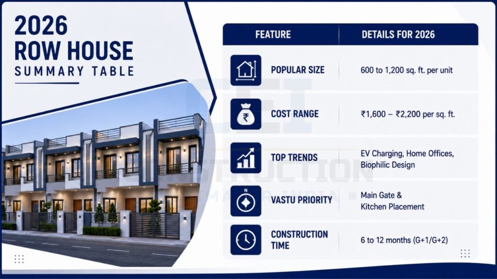 Infographic summarizing row house construction trends, cost per square foot, popular sizes, Vastu priorities, and estimated construction timeline for 2026.
