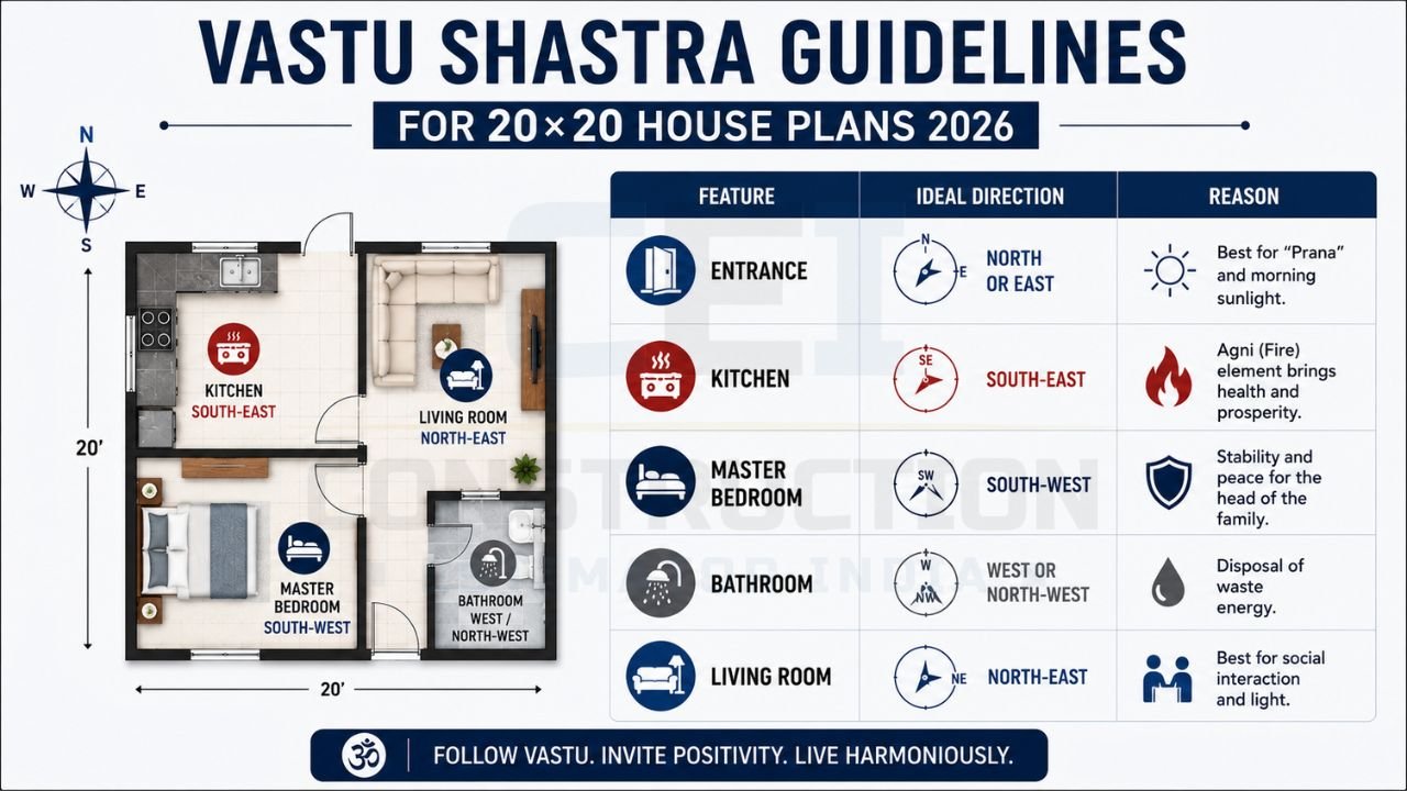 Infographic illustrating the ideal Vastu layout for a 20×20 house, including entrance, kitchen, bedroom, bathroom, and living room directions.