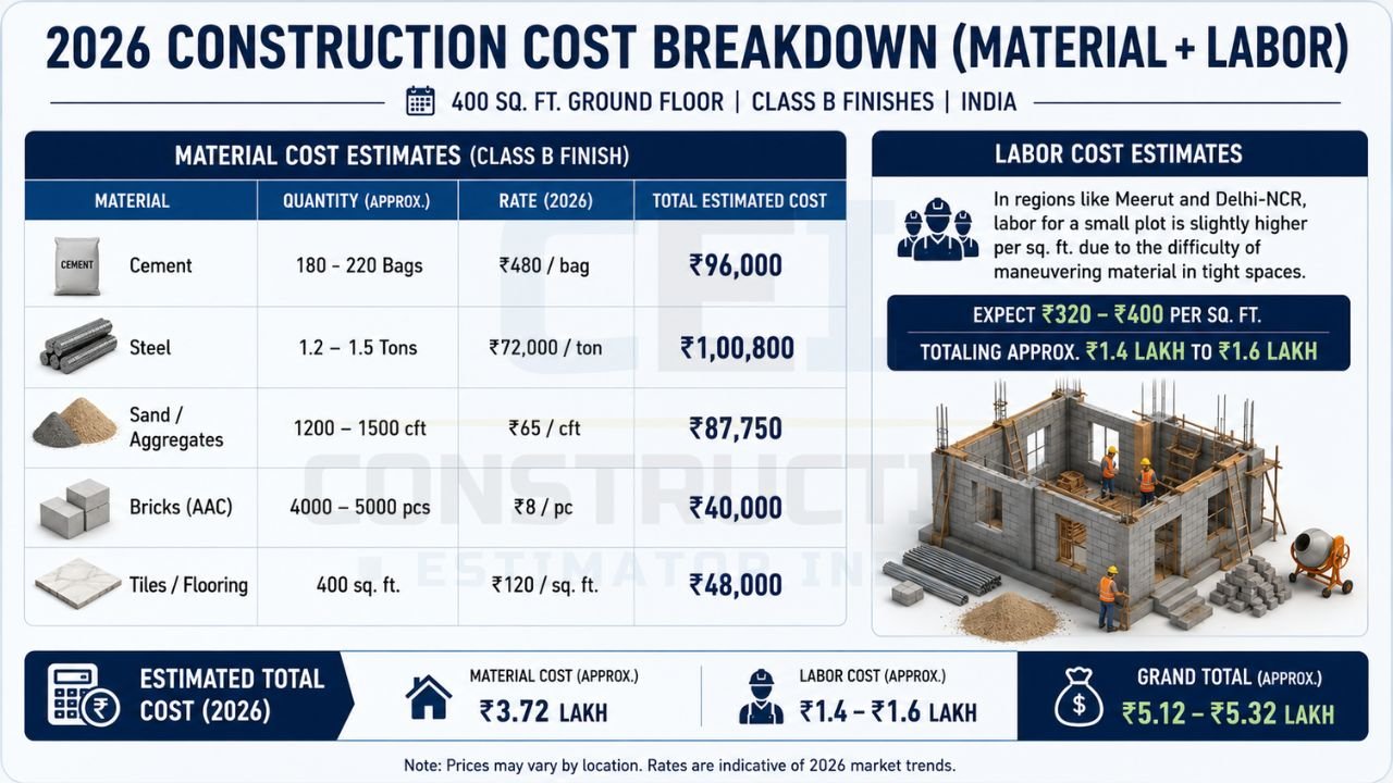 Infographic showing material quantities, labor costs, and estimated construction budget for a 400 sq. ft. 20×20 house in India.