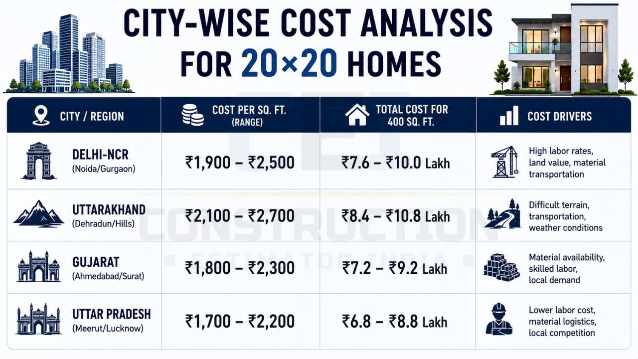 Infographic comparing 2026 construction costs for 20×20 homes across Delhi-NCR, Uttarakhand, Gujarat, and Uttar Pradesh with regional cost drivers.