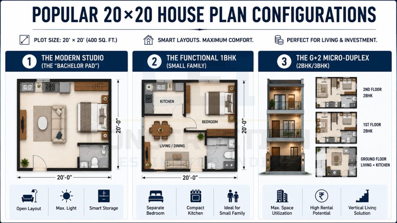 Infographic comparing studio, 1BHK, and G+2 duplex house plan options for a 20×20 plot with their key benefits and ideal uses.