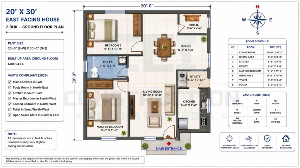 20×30 east-facing 2 BHK house plan with Vastu-compliant layout featuring two bedrooms, living room, kitchen, dining area, pooja room, utility space, and one bathroom.