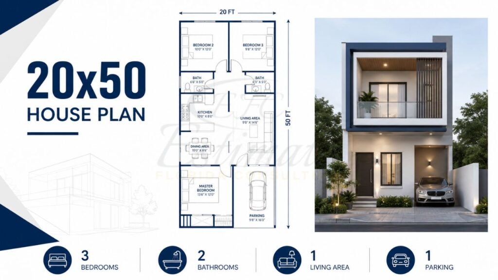 20x50 house plan featuring 3 bedrooms, 2 bathrooms, living area, kitchen, dining space, parking, and a modern duplex front elevation