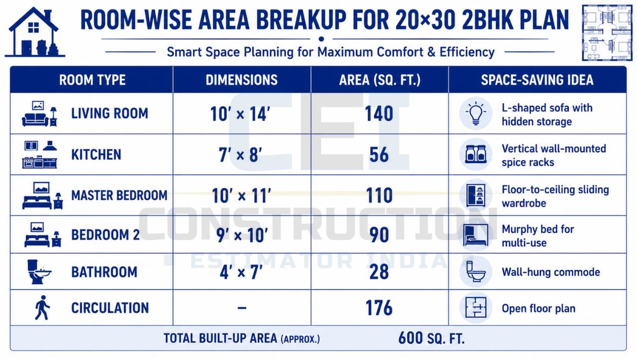 Room-wise area calculation for a 20×30 2BHK house plan showing living room, kitchen, bedrooms, bathroom, and circulation spaces.