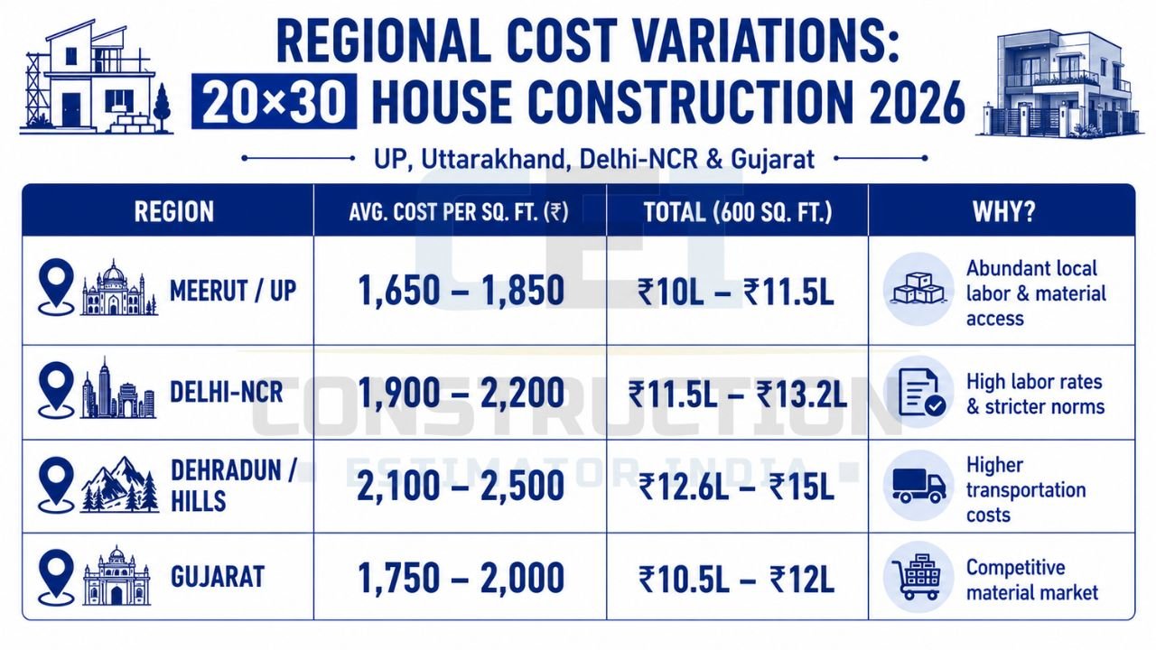 Regional construction cost comparison for a 20×30 house in UP, Delhi-NCR, Dehradun, and Gujarat showing cost per square foot and total project cost.