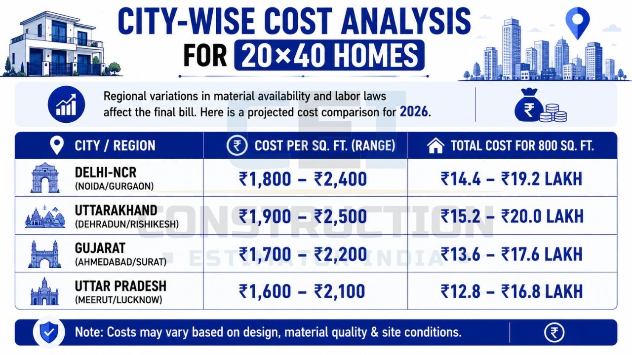 Comparison of 20×40 house construction costs across Delhi-NCR, Uttarakhand, Gujarat, and Uttar Pradesh with cost per square foot and total project estimates.