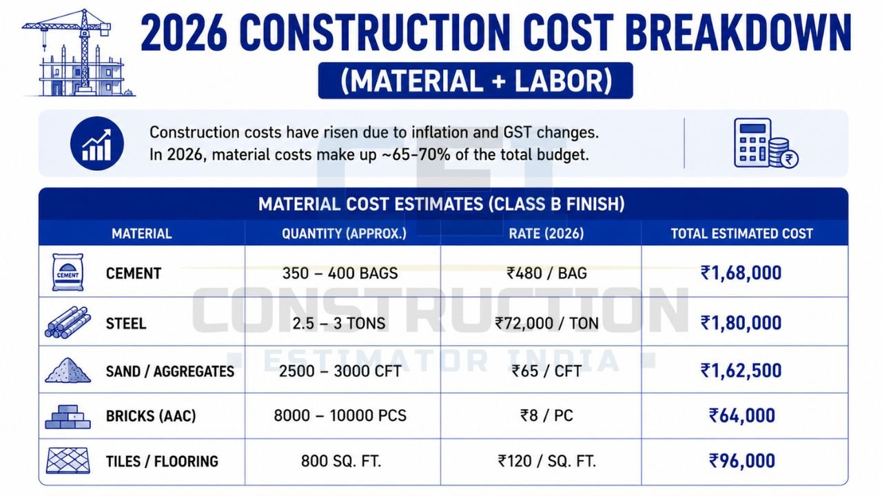 Construction material cost estimate for a 20×40 house showing cement, steel, sand, bricks, flooring quantities, rates, and total costs.
