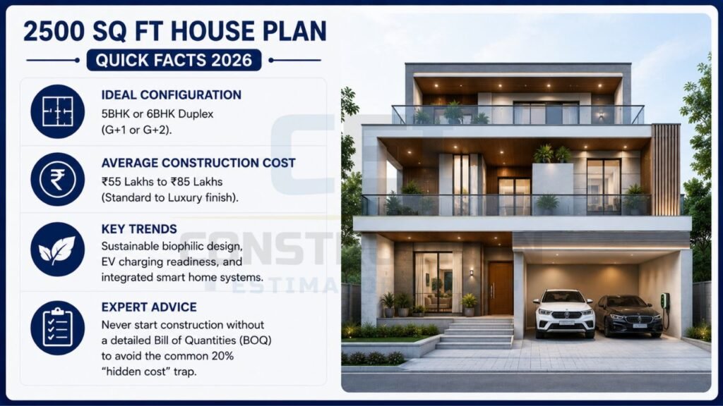 2500 sq ft house construction cost infographic featuring average building cost, 5BHK and 6BHK house plans, smart home trends, BOQ planning tips, and modern luxury home elevation.