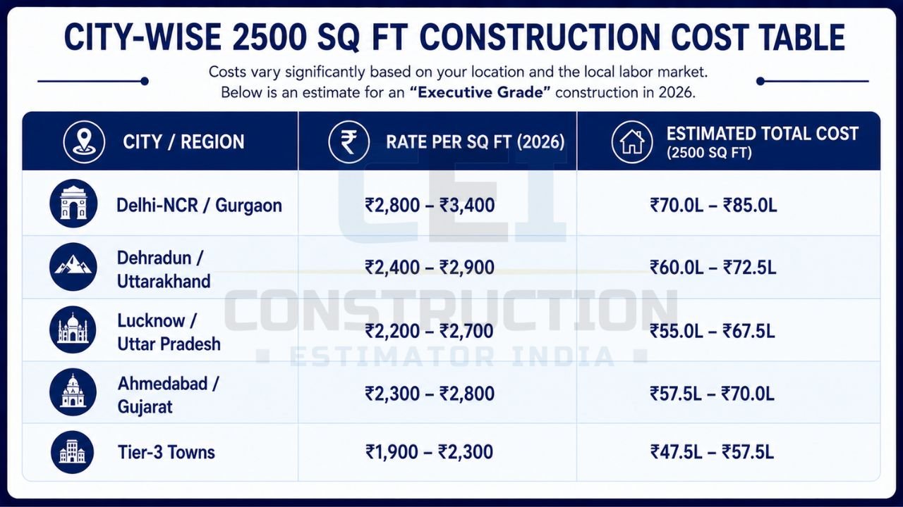 2500 sq ft house construction cost comparison across Delhi NCR, Dehradun, Lucknow, Ahmedabad, and Tier-3 cities with per square foot rates and total estimated cost.