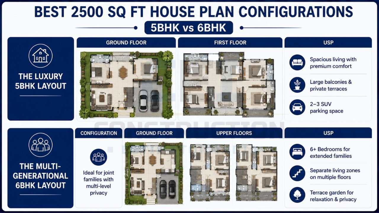 2500 sq ft house plan comparison showing 5BHK and 6BHK duplex layouts with ground floor, first floor, parking, balconies, and premium family living features.