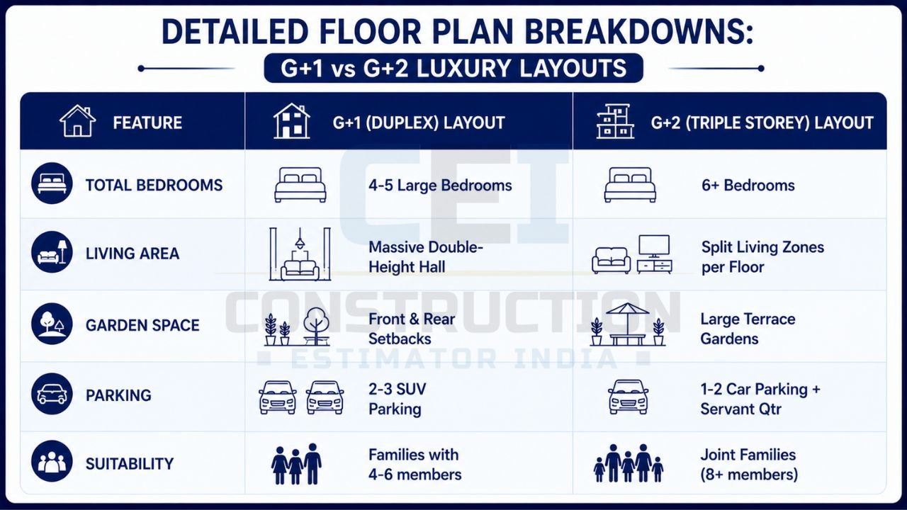 Comparison of G+1 duplex and G+2 luxury house plans for a 2500 sq ft home including bedrooms, living area, parking, garden space, and family suitability.
