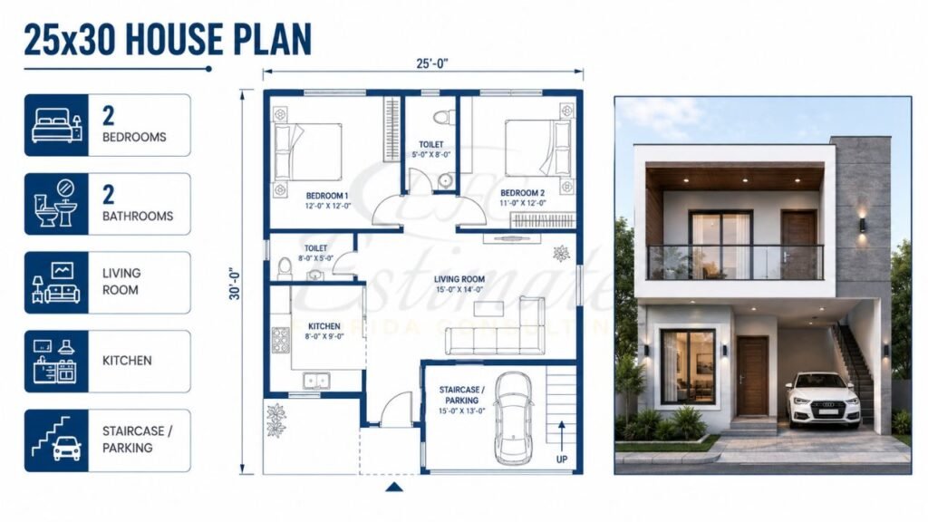 25x30 House Plan | Modern 2 Bedroom House Design with Parking