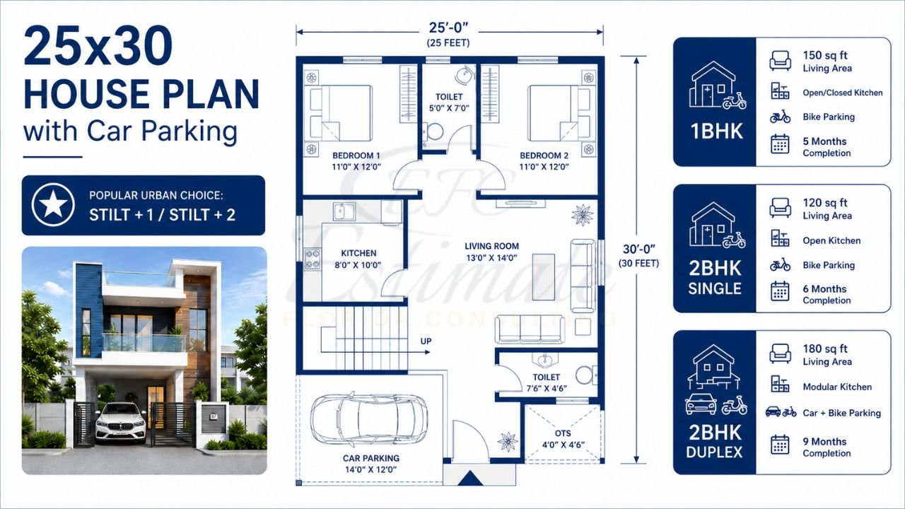 25x30 house plan with car parking featuring 2 bedrooms, living room, kitchen, staircase, toilets, and modern stilt house elevation design