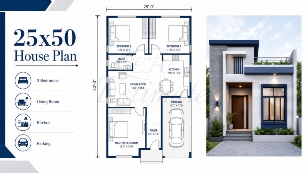 25x50 house plan featuring a 3-bedroom floor layout with living room, kitchen, parking space, and modern front elevation design