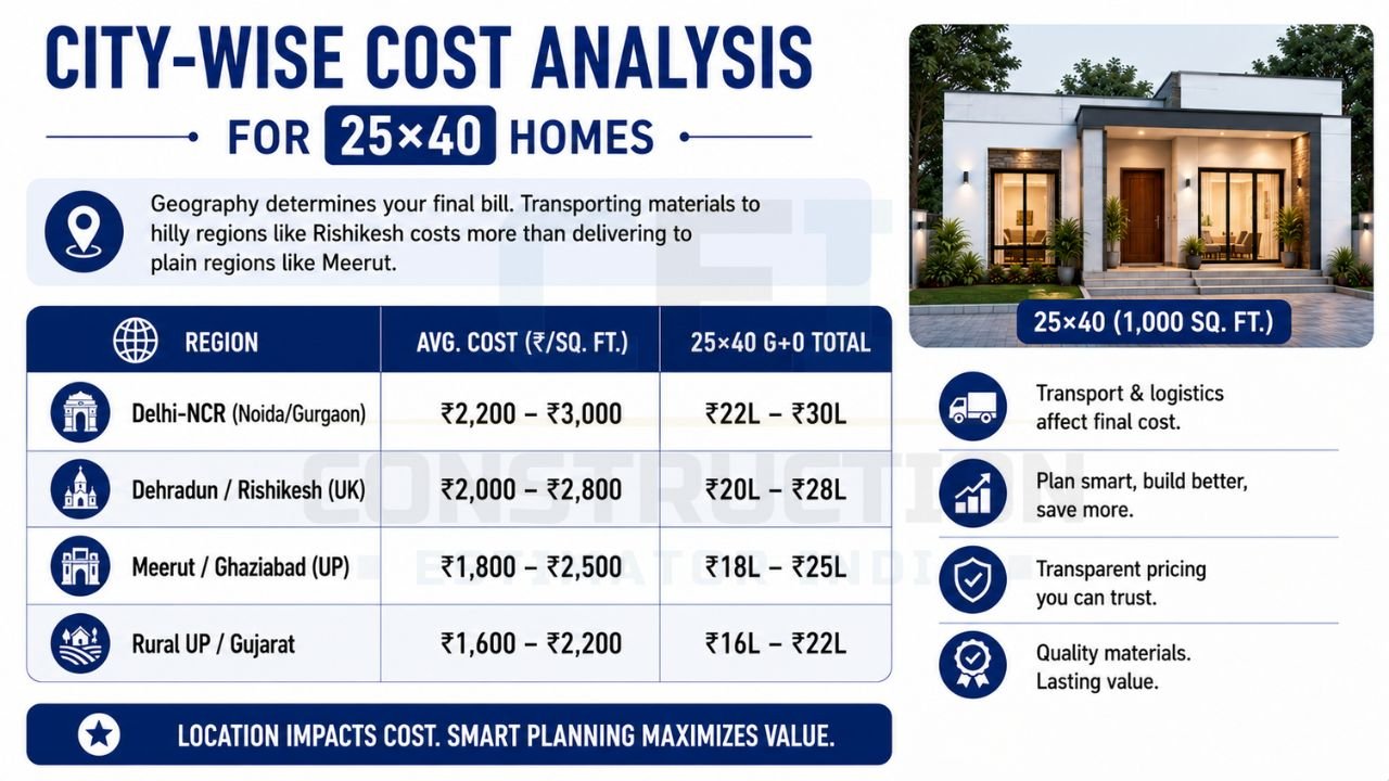 City-wise construction cost comparison for a 25×40 house across Delhi-NCR, Dehradun, Meerut, Ghaziabad, Rural UP, and Gujarat.