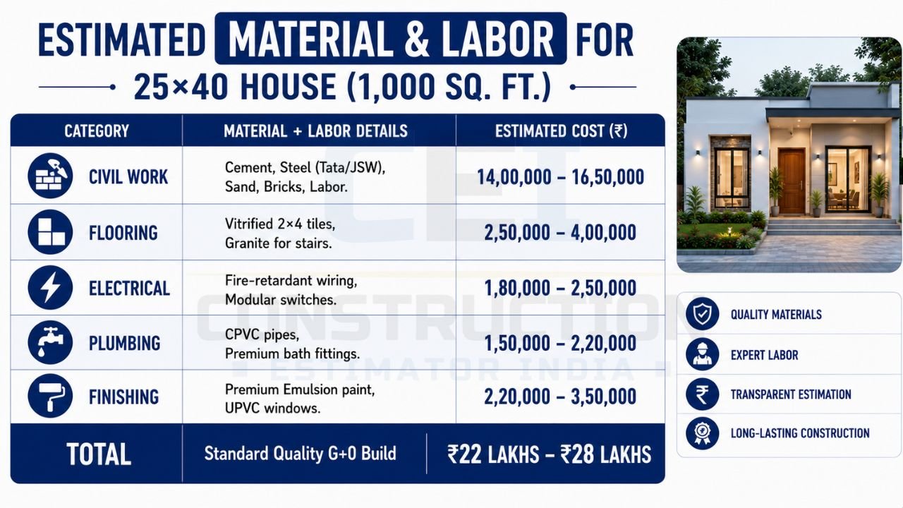 Estimated material and labor cost breakdown for a 25×40 house including civil work, flooring, electrical, plumbing, and finishing.