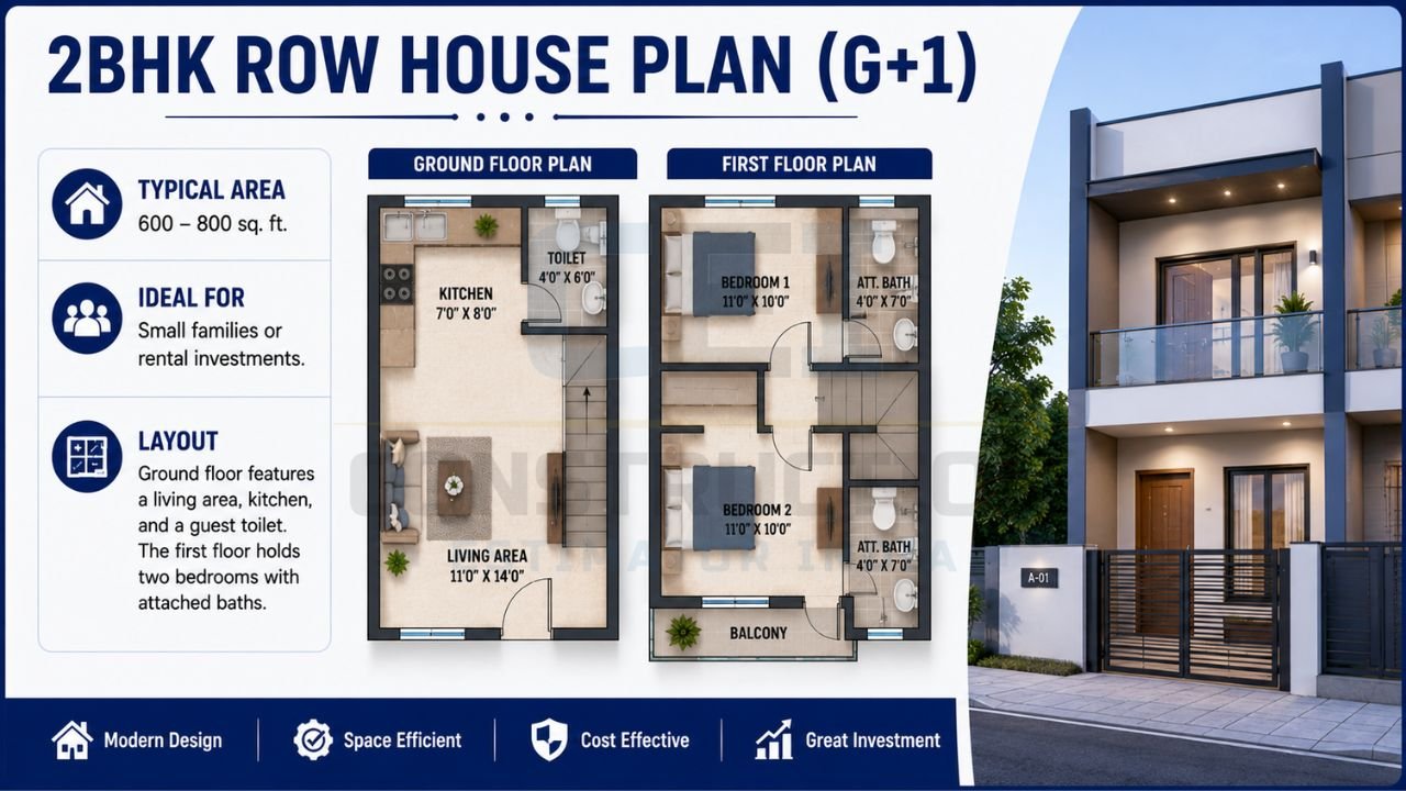 Modern 2BHK G+1 row house floor plan featuring ground floor living area, kitchen, guest toilet, first-floor bedrooms, attached bathrooms, and balcony.