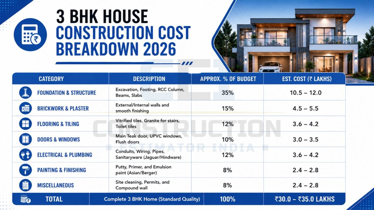 Detailed 3 BHK house construction cost breakdown showing foundation, brickwork, flooring, doors, electrical, plumbing, painting, miscellaneous expenses, budget percentages, and estimated costs.
