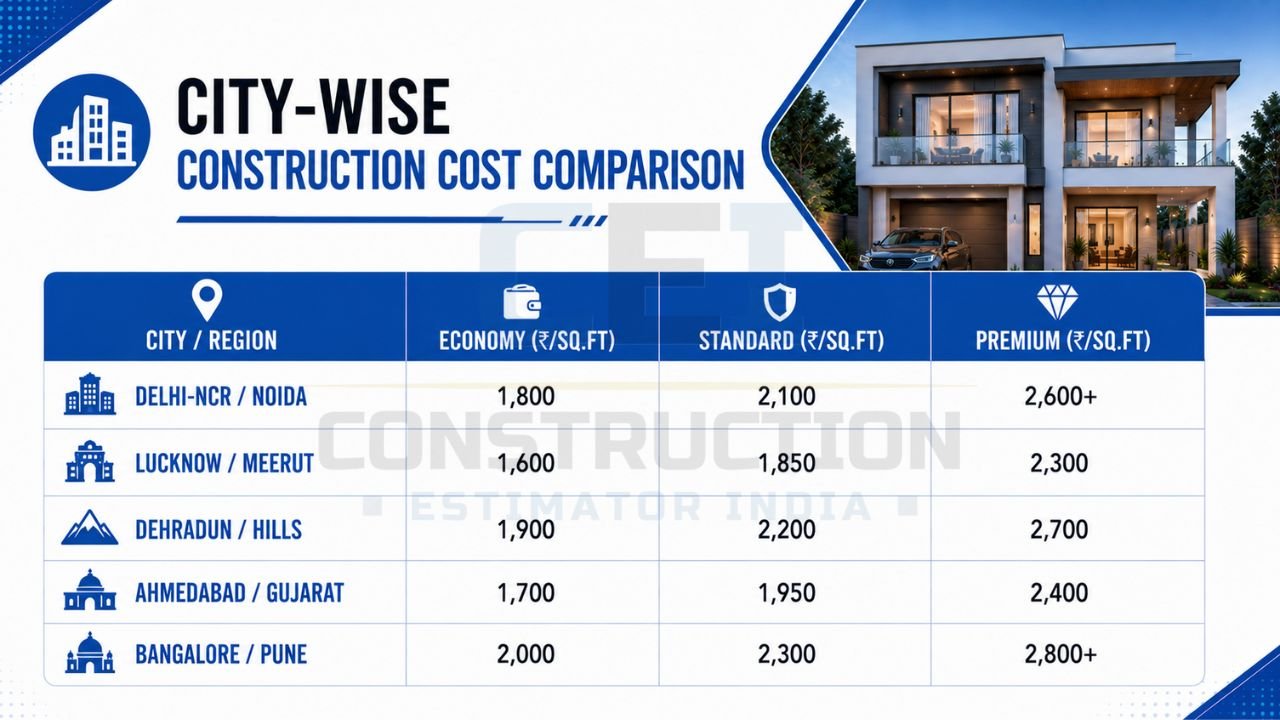 City-wise comparison of house construction costs in India for 2026 showing economy, standard, and premium construction rates per square foot across Delhi-NCR, Lucknow, Dehradun, Ahmedabad, and Bangalore.