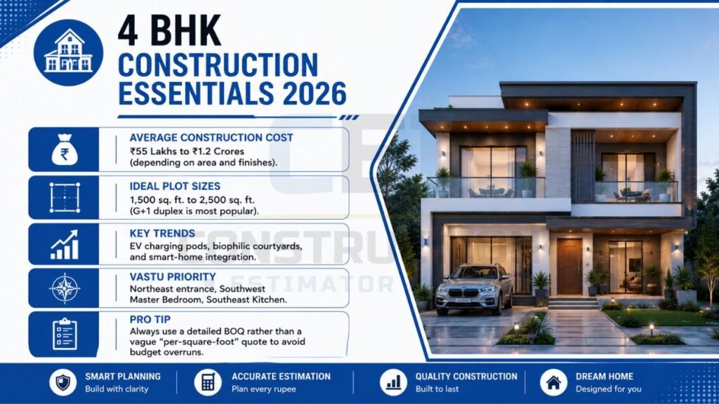 4 BHK house construction essentials infographic featuring average construction cost, ideal plot sizes, latest design trends, Vastu guidelines, and professional planning tips.