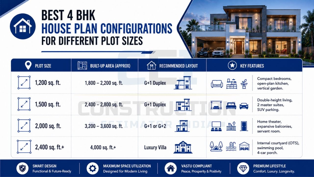 Infographic comparing the best 4 BHK house plan configurations for different plot sizes, including built-up area, recommended layouts, and premium lifestyle features.