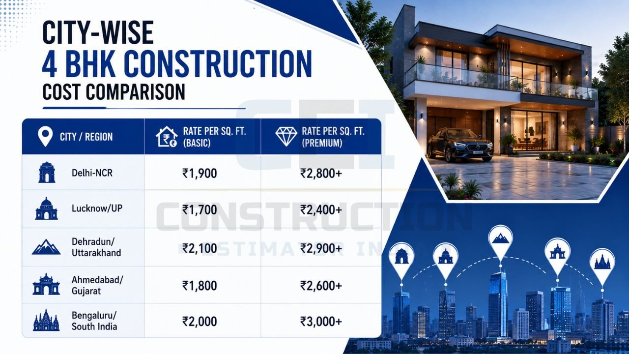 City-wise 4 BHK house construction cost comparison infographic showing basic and premium construction rates per square foot across Delhi-NCR, Lucknow, Dehradun, Ahmedabad, and Bengaluru.
