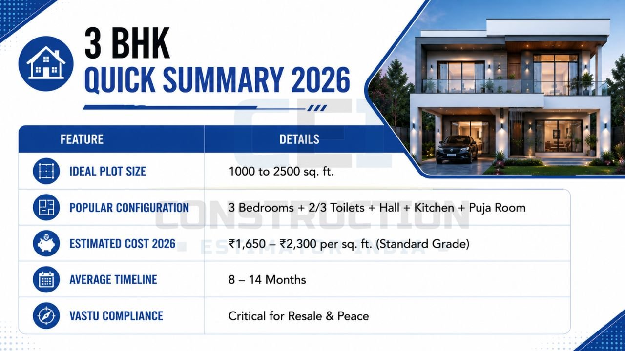 3 BHK house construction summary infographic highlighting ideal plot size, popular configuration, construction cost per square foot, project timeline, and Vastu recommendations.