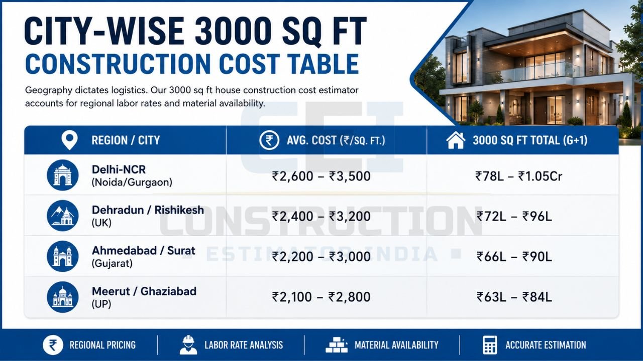 3000 sq ft house construction cost comparison across Delhi NCR, Dehradun, Rishikesh, Ahmedabad, Surat, Meerut, and Ghaziabad with per square foot rates and total construction cost.