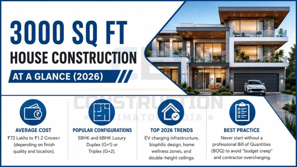 3000 sq ft house construction infographic featuring average construction cost, luxury 5BHK and 6BHK configurations, modern home trends, BOQ planning, and luxury house elevation.