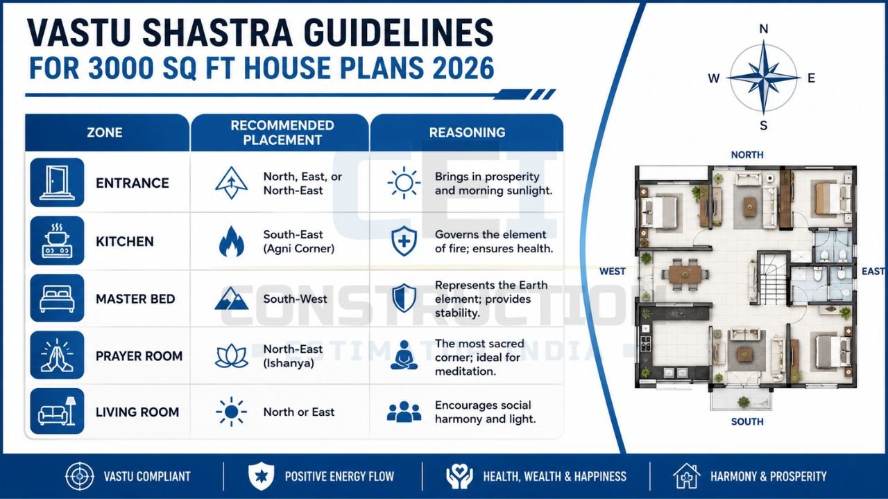 3000 sq ft house Vastu Shastra infographic showing ideal directions for entrance, kitchen, master bedroom, prayer room, and living room with Vastu-compliant floor plan.
