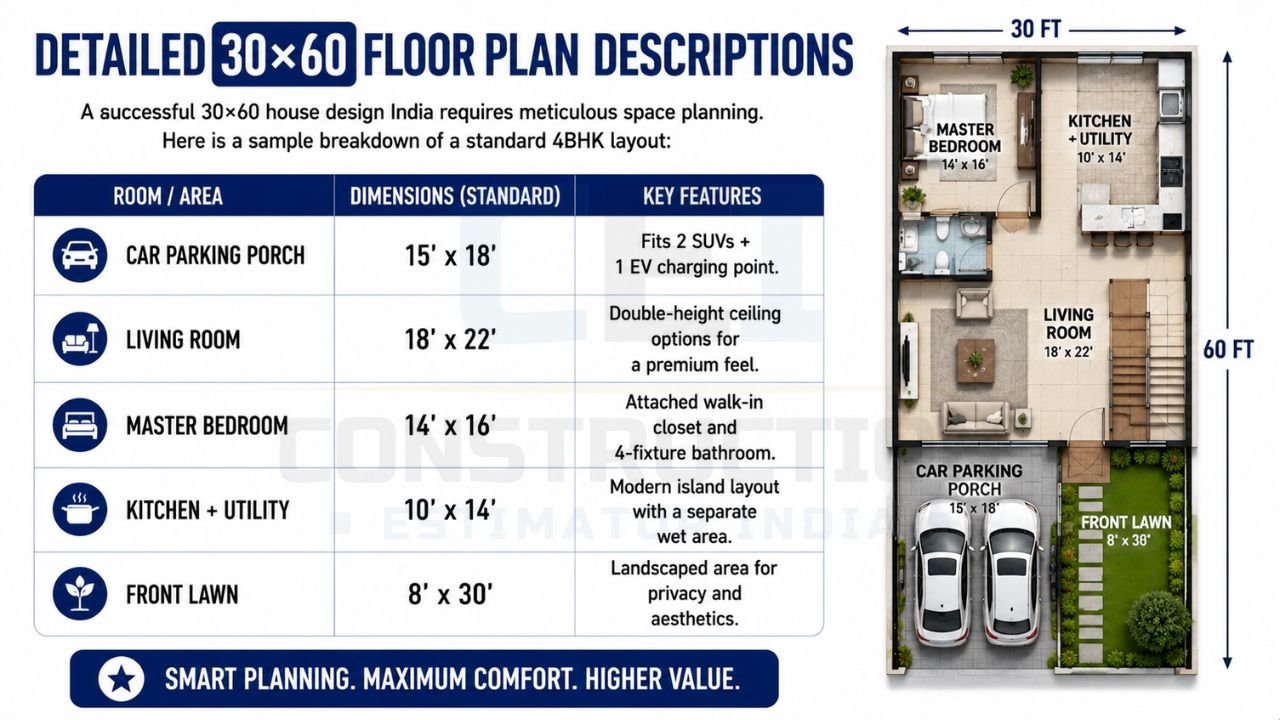 30×60 house floor plan showing room dimensions, parking, master bedroom, kitchen, living room, utility area, and front lawn.