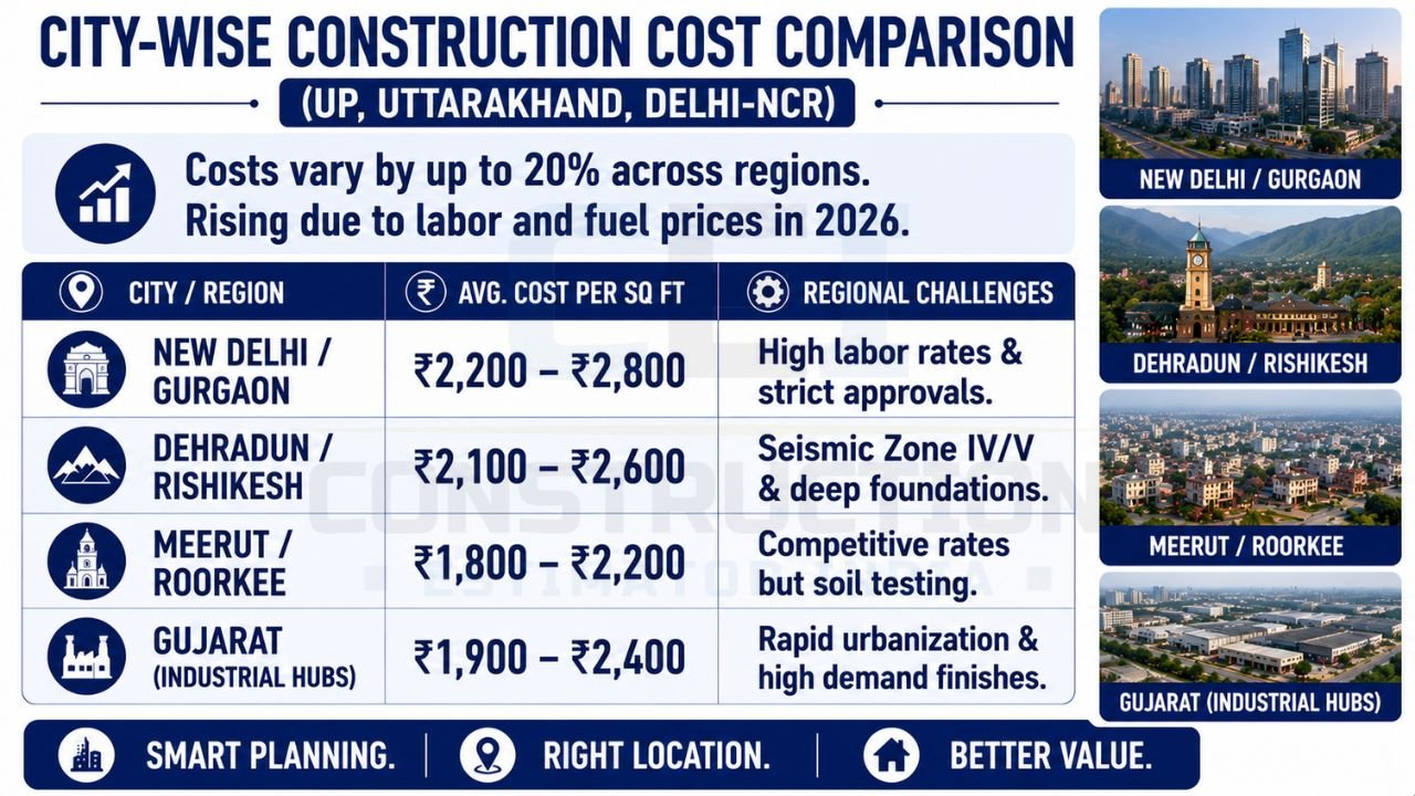 Construction cost comparison across Delhi-NCR, Dehradun, Rishikesh, Meerut, Roorkee, and Gujarat showing average cost per sq. ft. and regional challenges.
