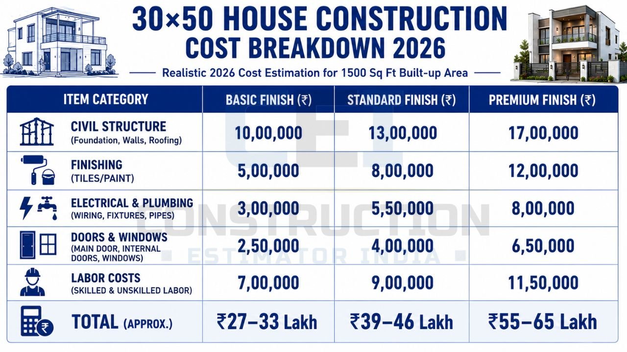 30×50 house construction cost breakdown showing civil work, finishing, plumbing, electrical, doors, windows, labor, and total project costs.