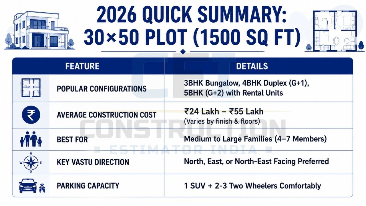 30×50 house construction cost breakdown showing civil work, finishing, plumbing, electrical, doors, windows, labor, and total project costs.