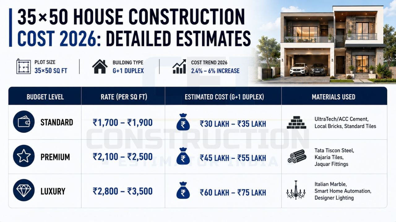 Infographic showing standard, premium, and luxury construction costs for a 35×50 G+1 duplex house with material specifications and estimated budgets.