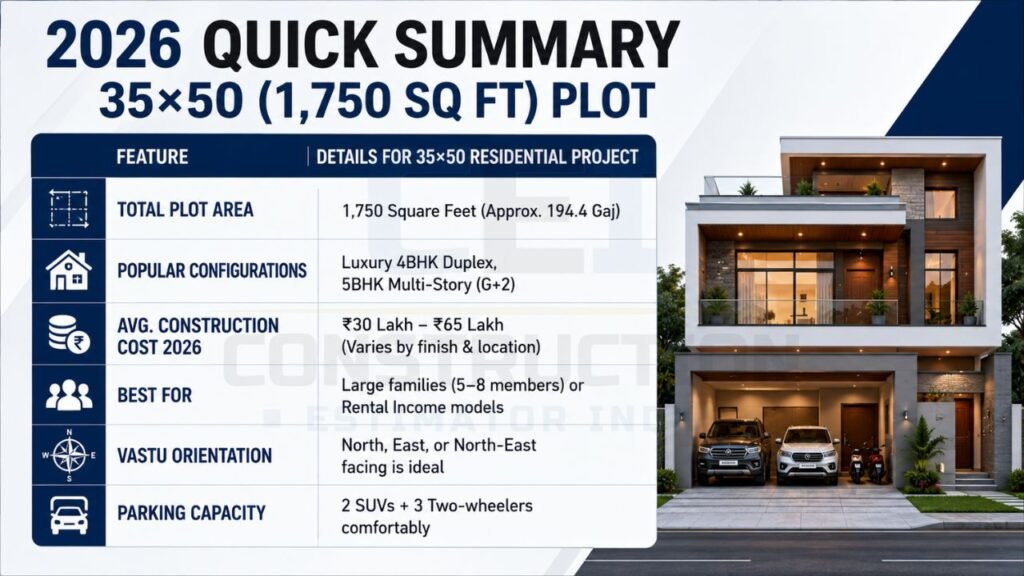Infographic summarizing plot size, construction cost, popular house configurations, Vastu orientation, parking capacity, and ideal family size for a 35×50 residential plot.