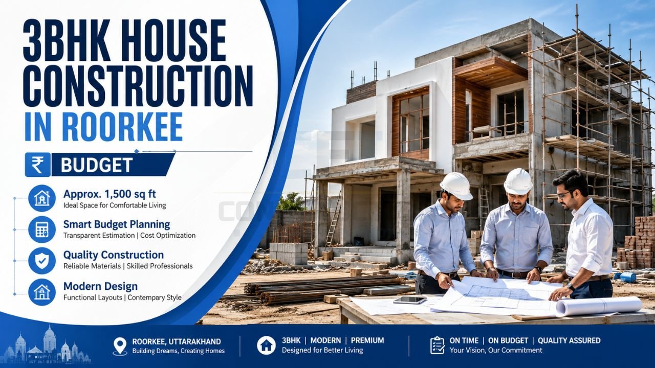 3BHK house construction in Roorkee showing budget planning, construction management, modern home design, and residential building development