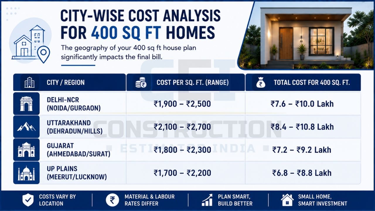 City-wise construction cost comparison for a 400 sq ft house across Delhi NCR, Uttarakhand, Gujarat, and Uttar Pradesh with cost per square foot and total estimated construction cost.