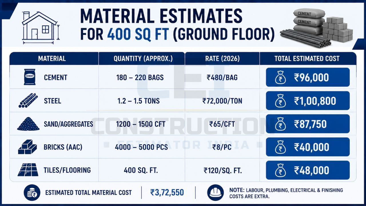 Material estimate chart for a 400 sq ft ground floor house showing cement, steel, sand, AAC blocks, flooring quantities, rates, and estimated material cost.
