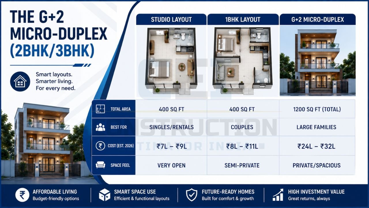 Comparison of 400 sq ft studio layout, 1BHK layout, and G+2 micro duplex house plan with area, estimated cost, best use, and space planning.