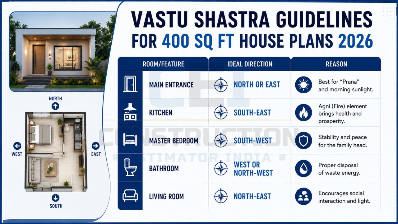 This infographic compares the most popular 400 sq ft house plan options, including Studio, 1BHK, and G+2 Micro Duplex layouts. It highlights floor area, estimated construction costs, ideal users, and space utilization for compact modern homes.
