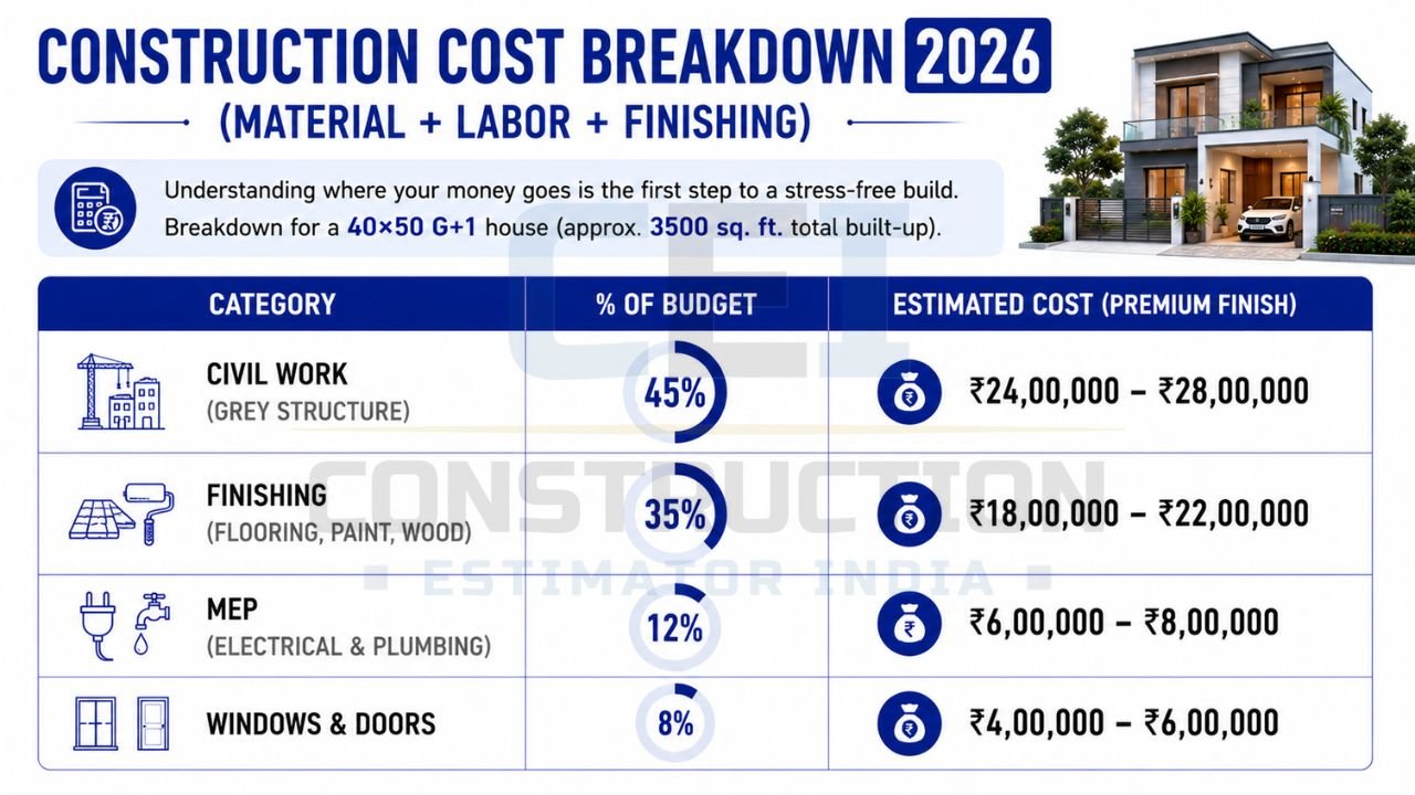 Construction budget breakdown for a 40×50 G+1 house showing civil work, finishing, MEP, windows, doors, and estimated premium finish costs.